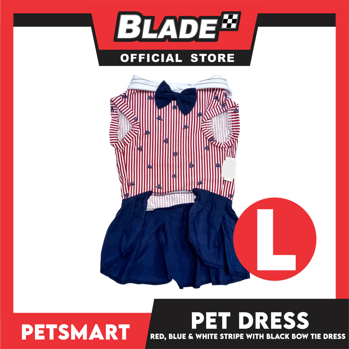 Pet Dress Red, Blue and White Stripe with Black Bow Tie Design DG-CTN184L (Large)