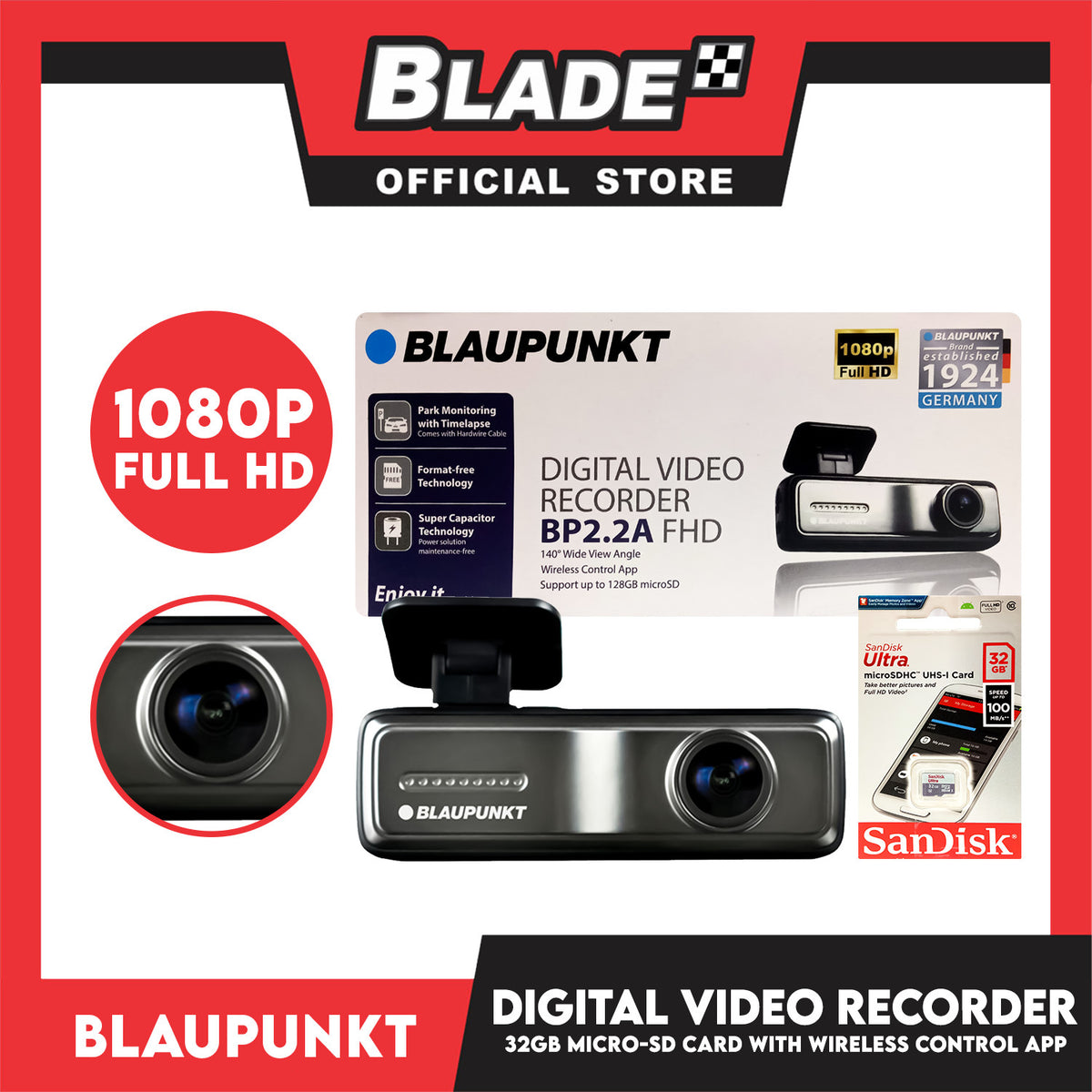 Blaupunkt Digital Video Recorder BP2.2A FHD 2'' LCD Display with Free 32gb Micro-SD Card