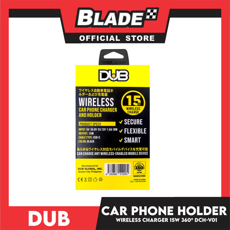 Dub Wireless Car Phone Charger and Holder 15W Wireless Charge, USC-C Charging Port 360degree DCH-V01